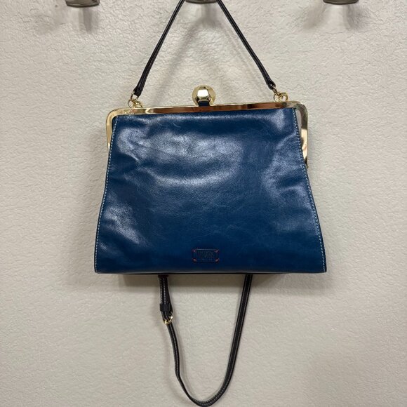 Frances Valentine Jackie Frame Bag Two Tone Navy and Oyster Leather - Picture 1 of 6
